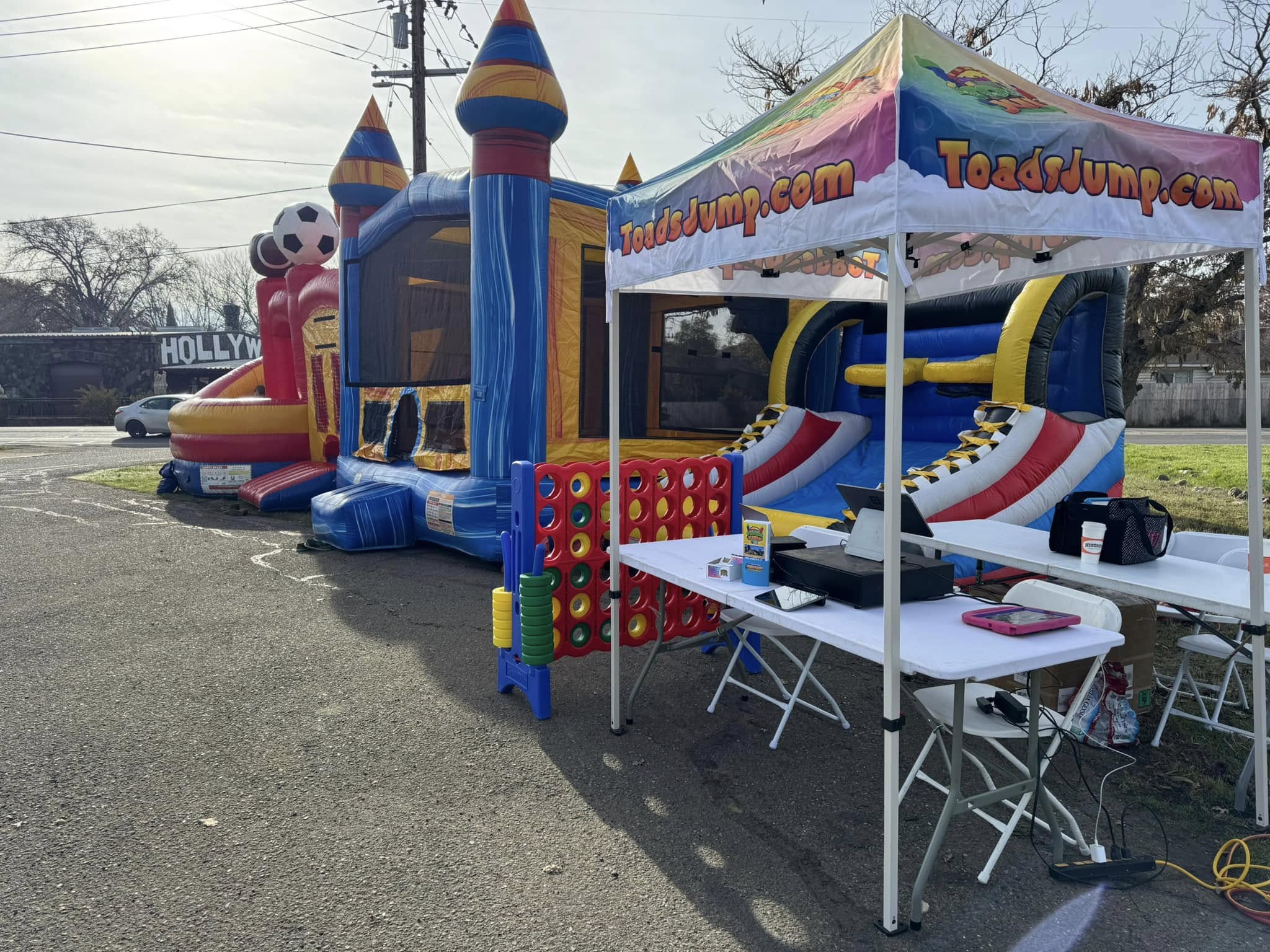 Bounce houses and games at the Tinsel Town Christmas community event hosted by Neighborhood Christian Fellowship in Clearlake, CA